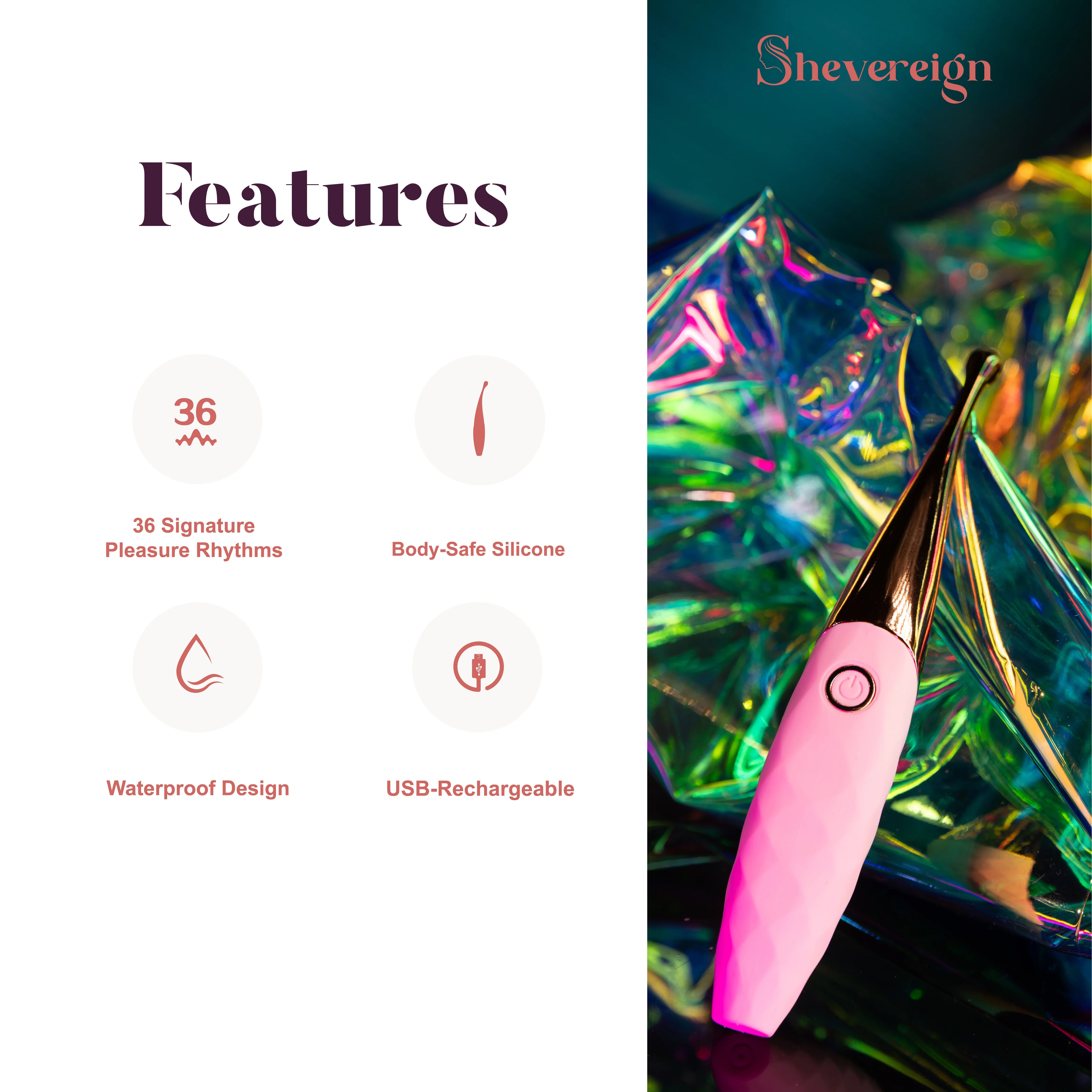 SHEVEREIGN Deep Secrets G Spot Vibrator features body safe silicone waterproof design and USB rechargeable craftsmanship