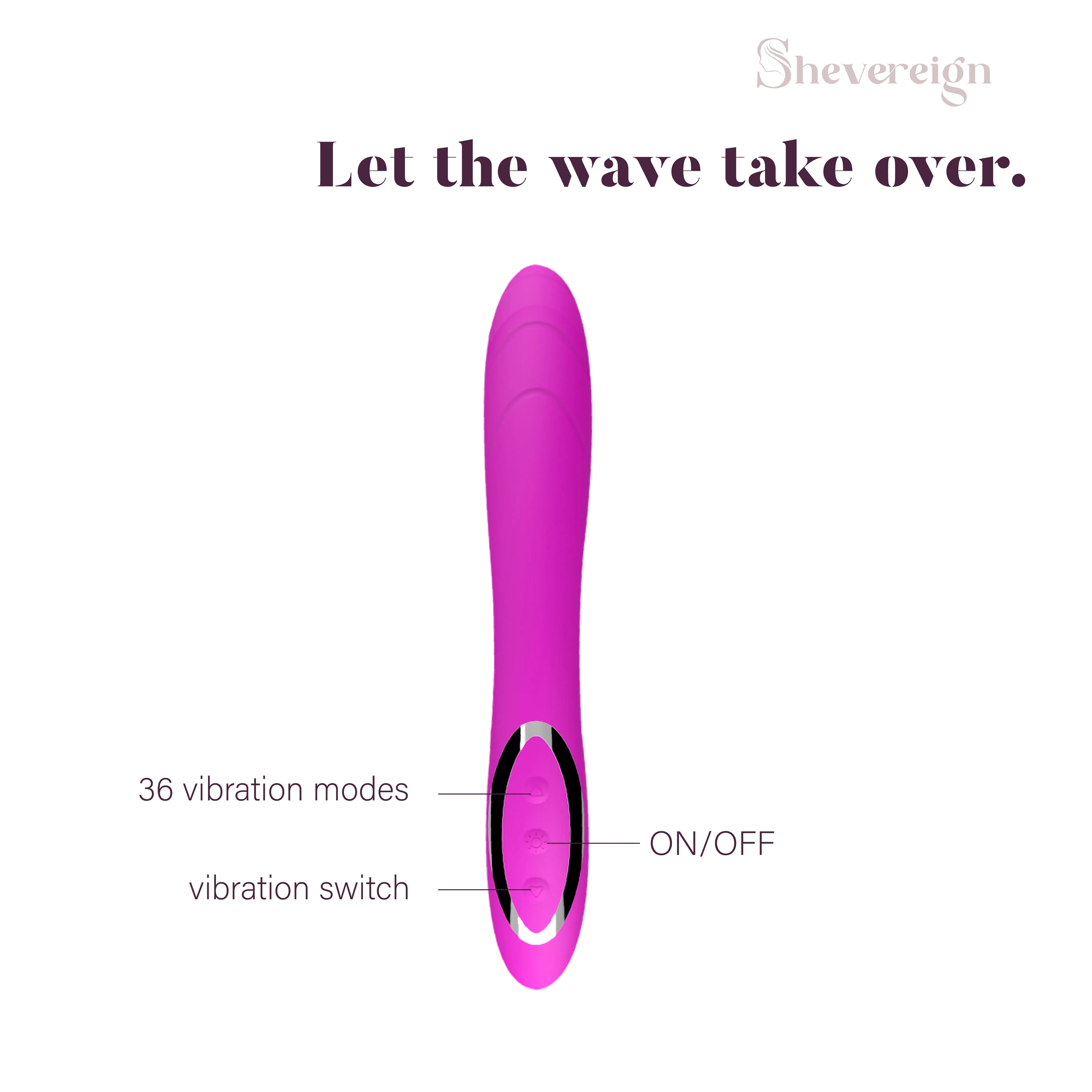 SHEVEREIGN Fuchsia Wave G Spot Vibrator buttons diagram showing 36 vibration modes and power switch for intuitive control and personalized pleasure experience
