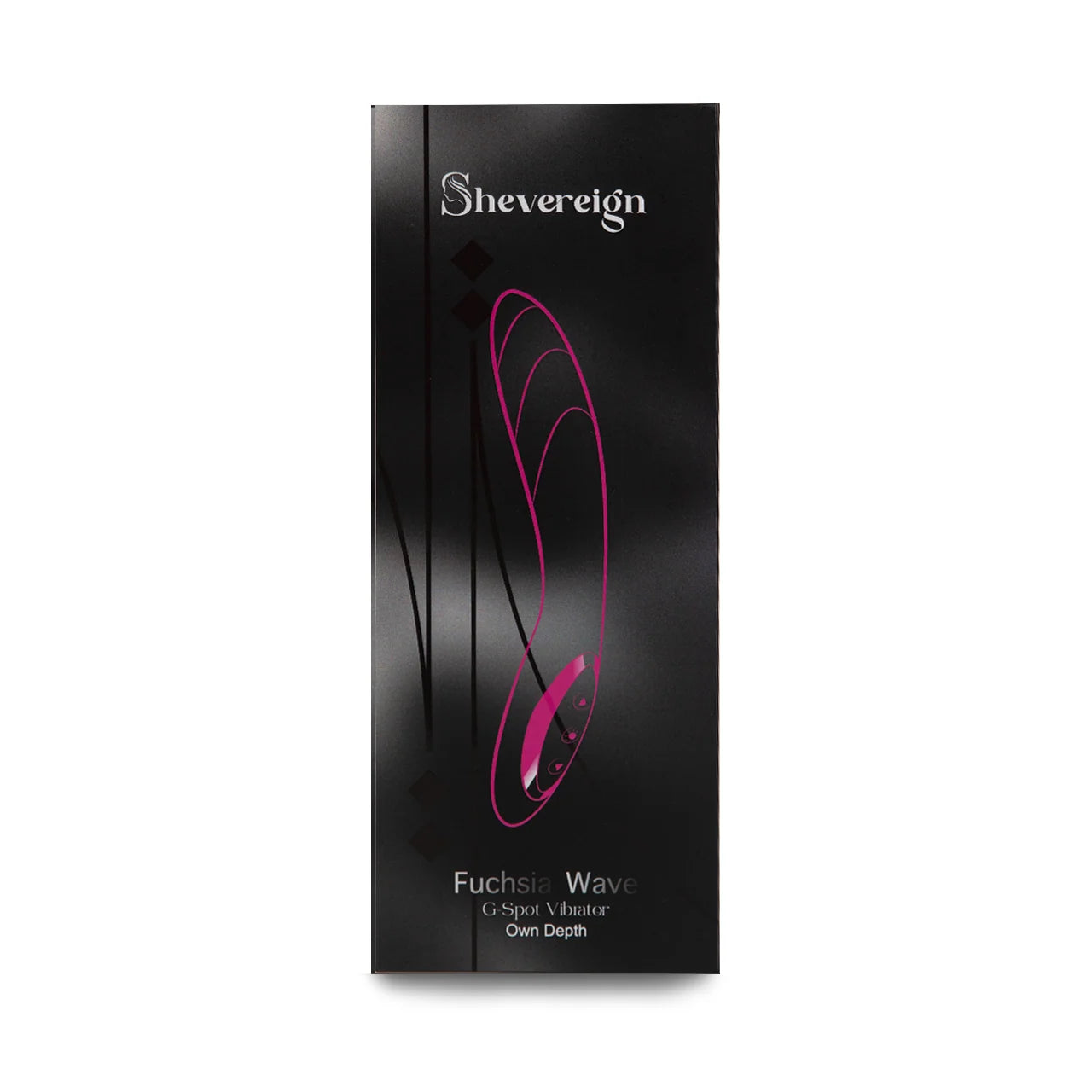 SHEVEREIGN Fuchsia Wave g spot vibrator packaging black luxury box with pink line art representing movement rhythm and depth