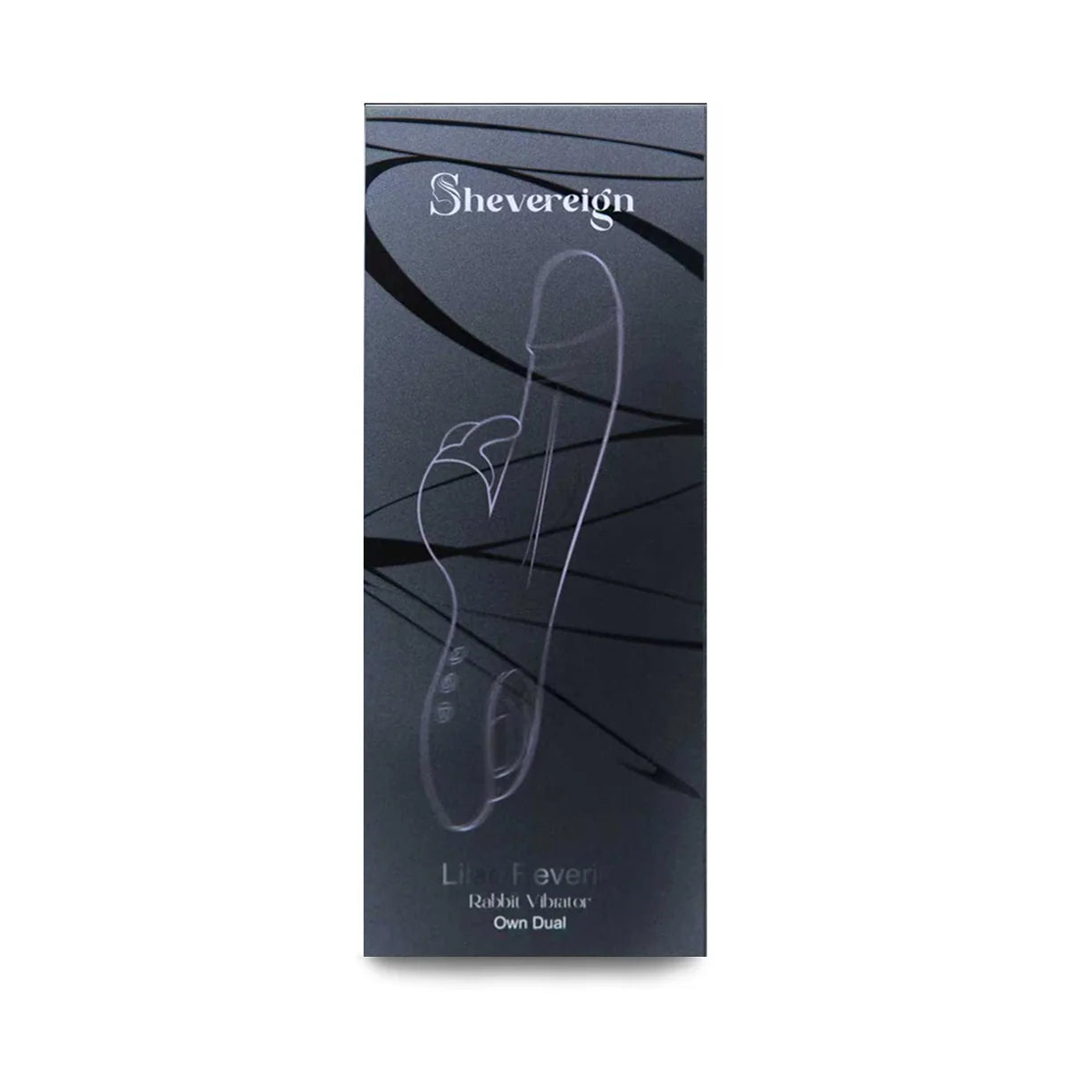 Lilac Reverie rabbit vibrator packaging box by SHEVEREIGN in a minimalist black design with product outline and Own Dual label showing feminine styling