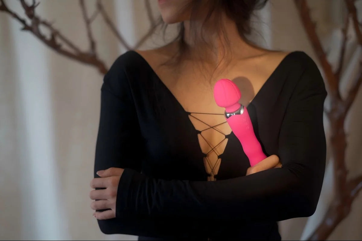 SHEVEREIGN Mighty Touch wand vibrator product detail image highlighting dual vibration wand technology, smooth silicone texture and refined feminine confidence