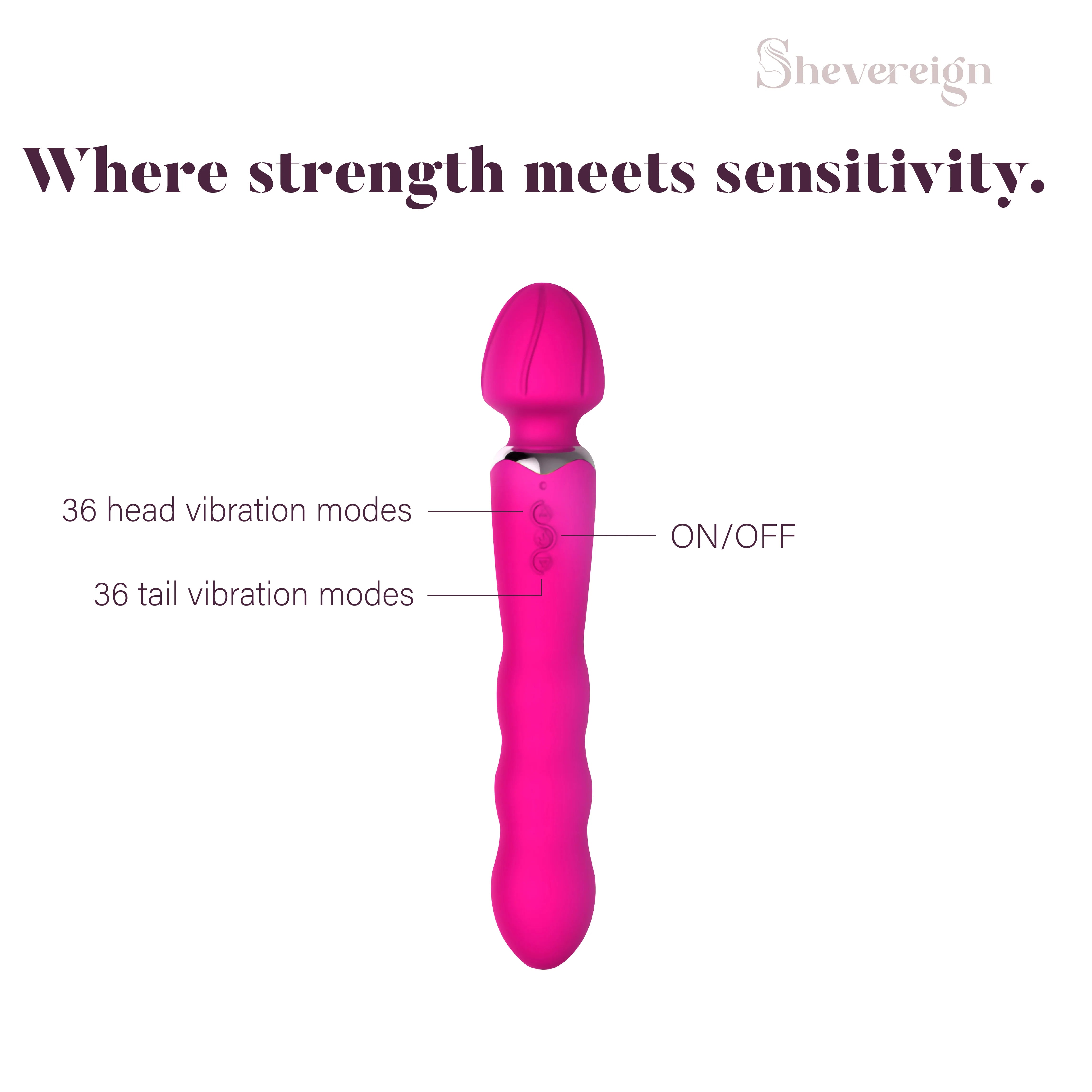 SHEVEREIGN Mighty Touch wand vibrator showing dual vibration zones with 36 head and 36 tail modes combining strength and sensitivity
