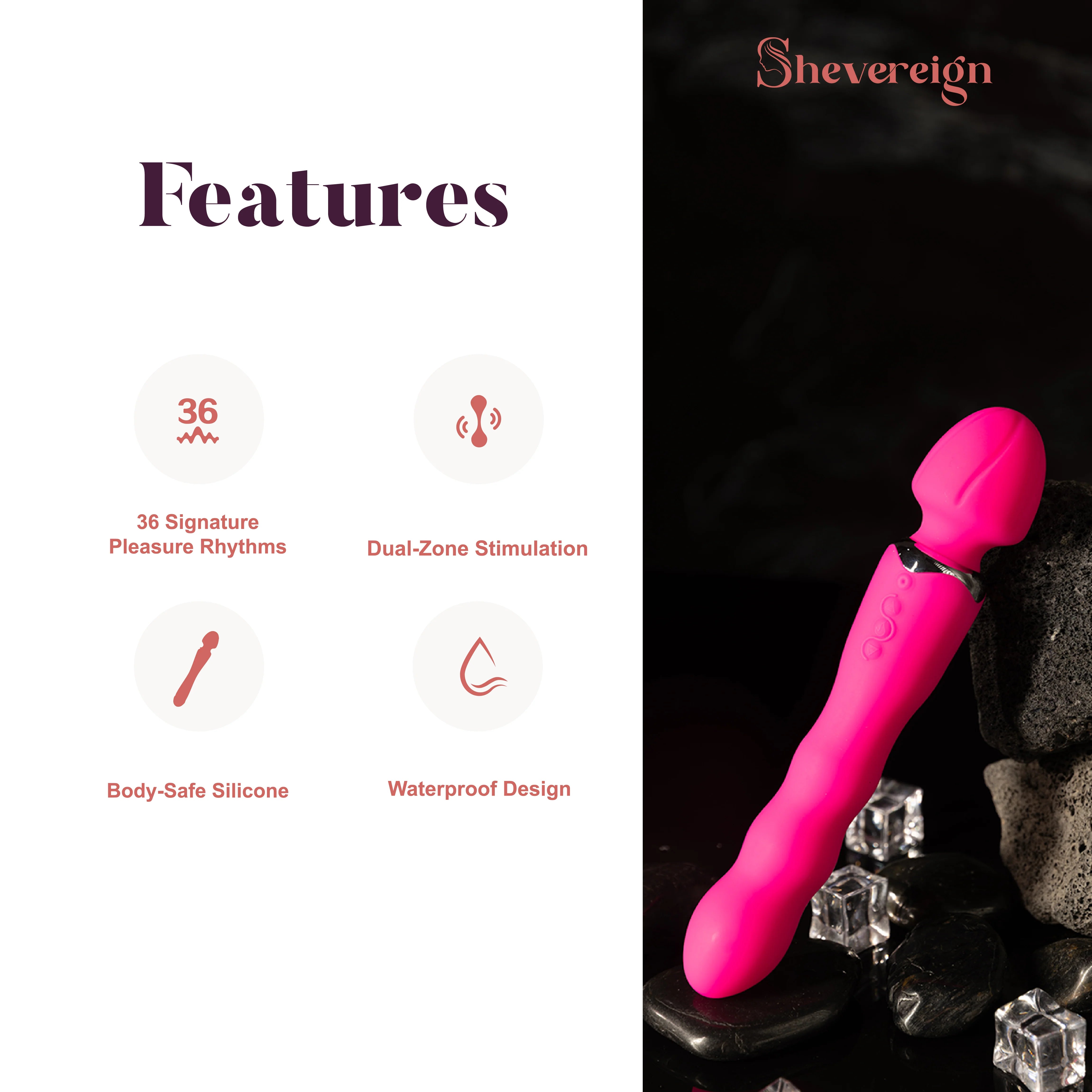 SHEVEREIGN Mighty Touch wand vibrator features 36 signature rhythms body safe silicone and waterproof rechargeable design