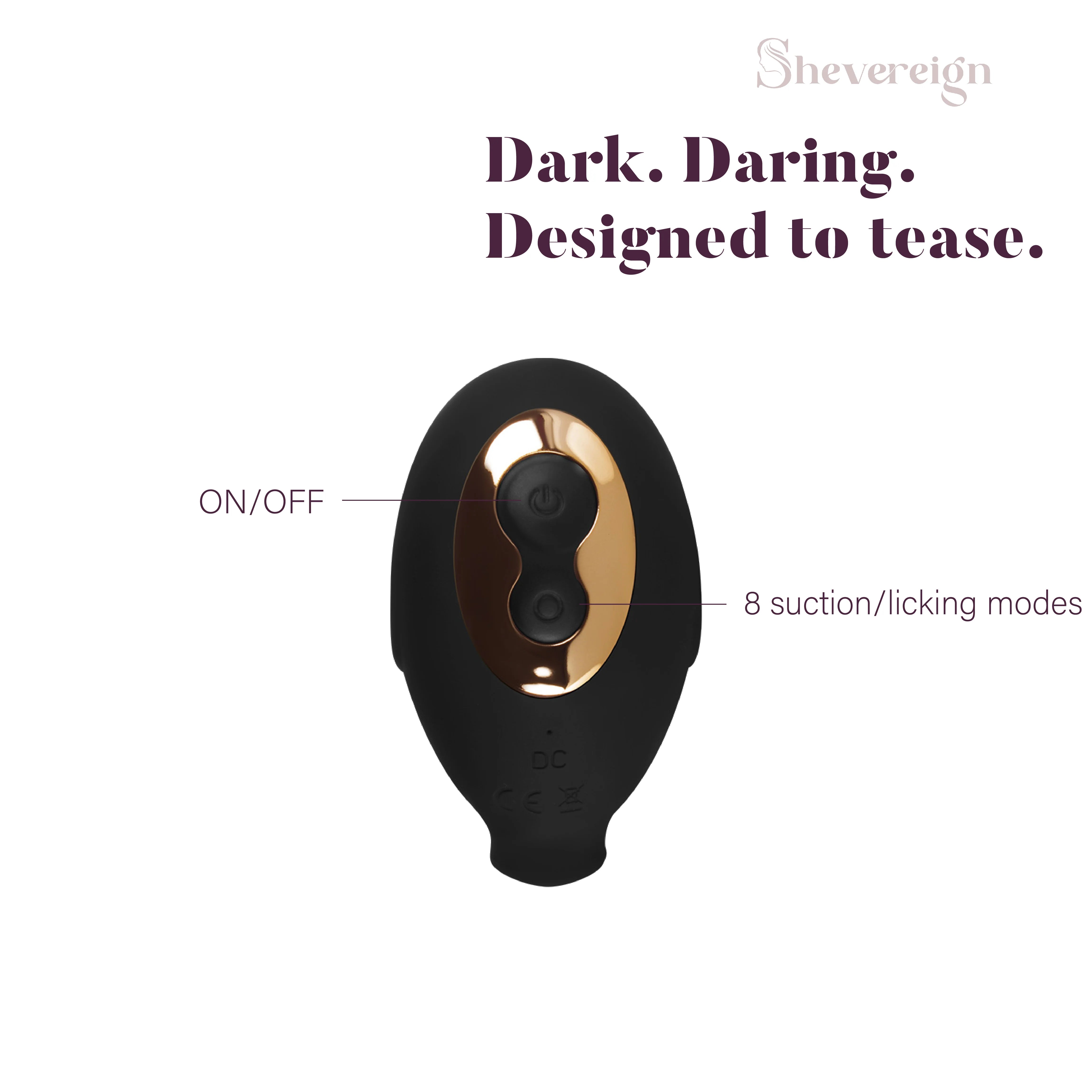 SHEVEREIGN Obsidian Tease clit vibrator button guide showing ON/OFF control and 8 suction and licking modes in matte black and gold design