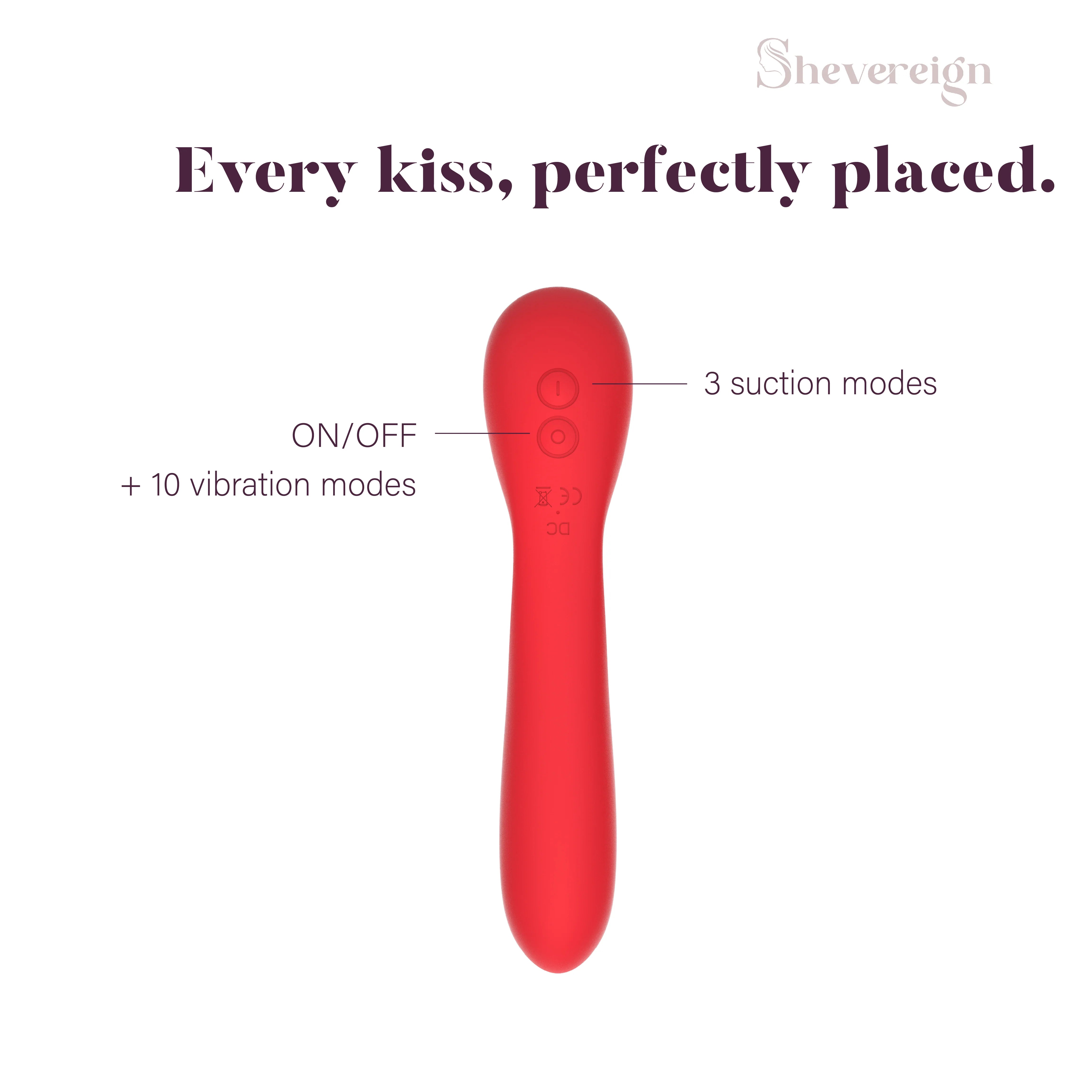 SHEVEREIGN Scarlet Kiss clit vibrator button guide showing ON OFF control with 3 suction modes and 10 vibration modes designed for intuitive dual stimulation