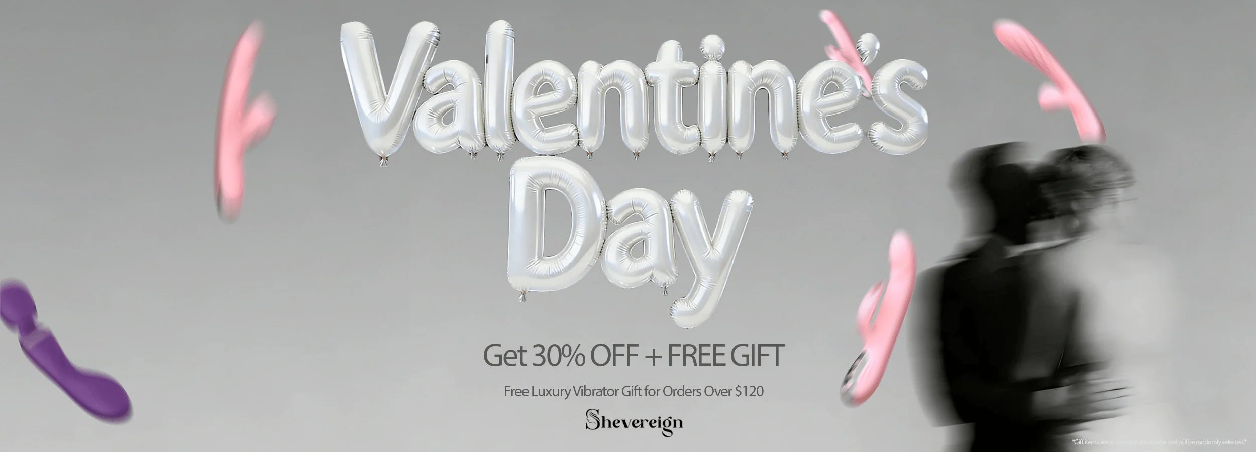 SHEVEREIGN Valentine’s Day sale banner featuring 30% off sitewide and a complimentary vibrator gift for orders over $120