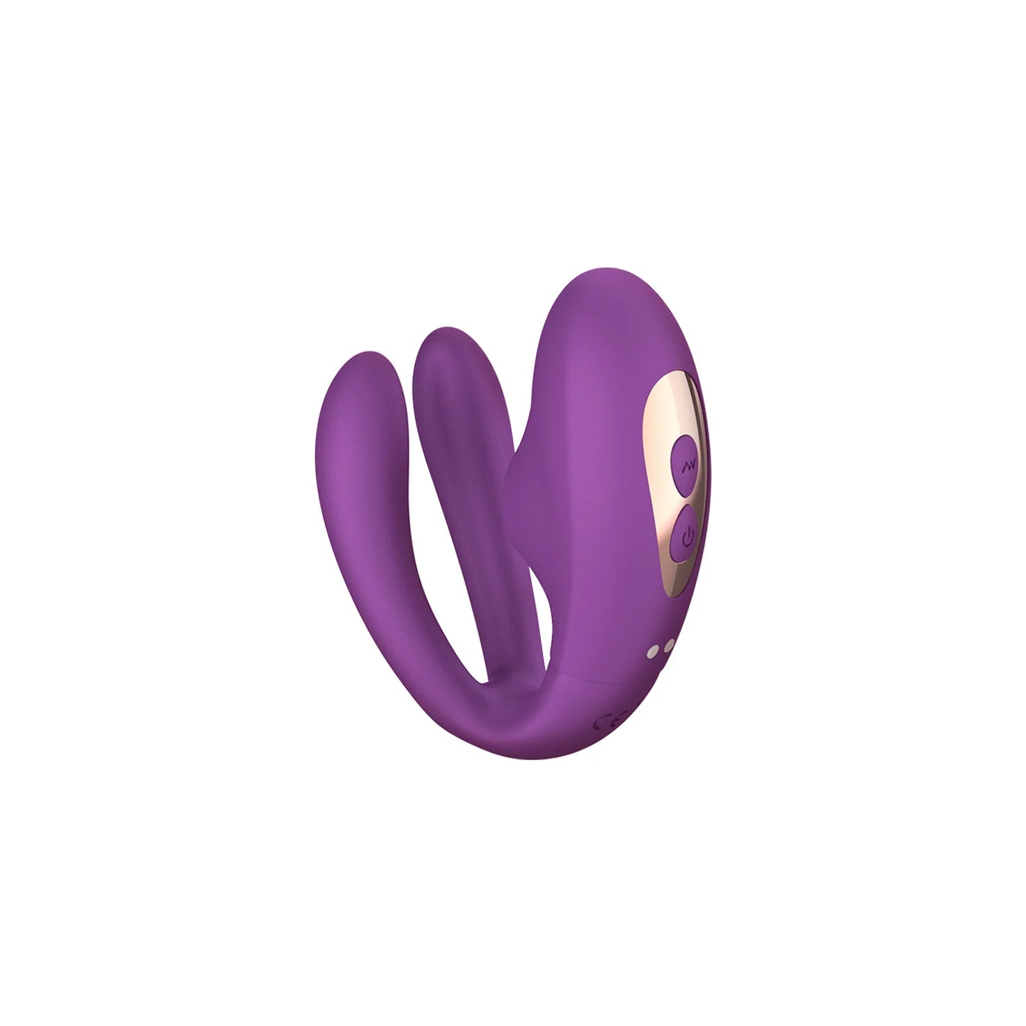 SHEVEREIGN Whisper Wear wearable vibrator in smooth purple silicone featuring suction and vibration functions with a flexible dual arm design for intimate comfort and precision