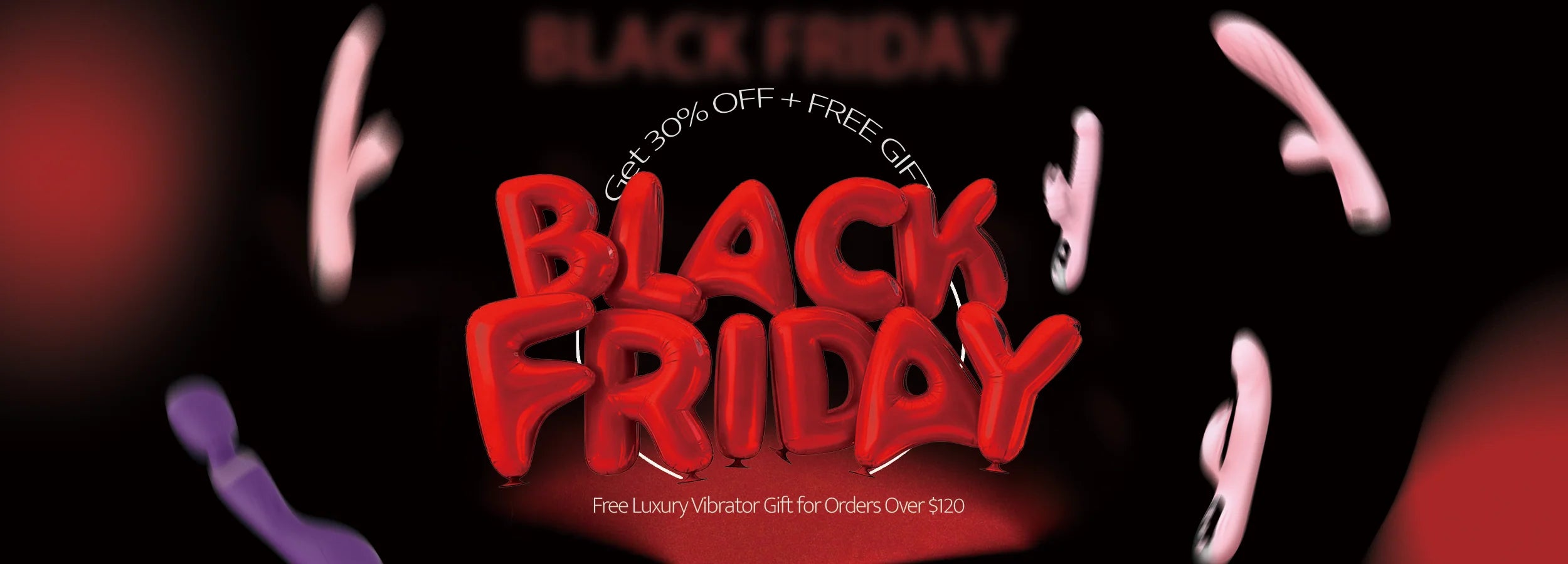 SHEVEREIGN Black Friday Sale banner featuring 30% off and free luxury vibrator gift for orders over $120, celebrating women’s confidence and sensual pleasure in Australia