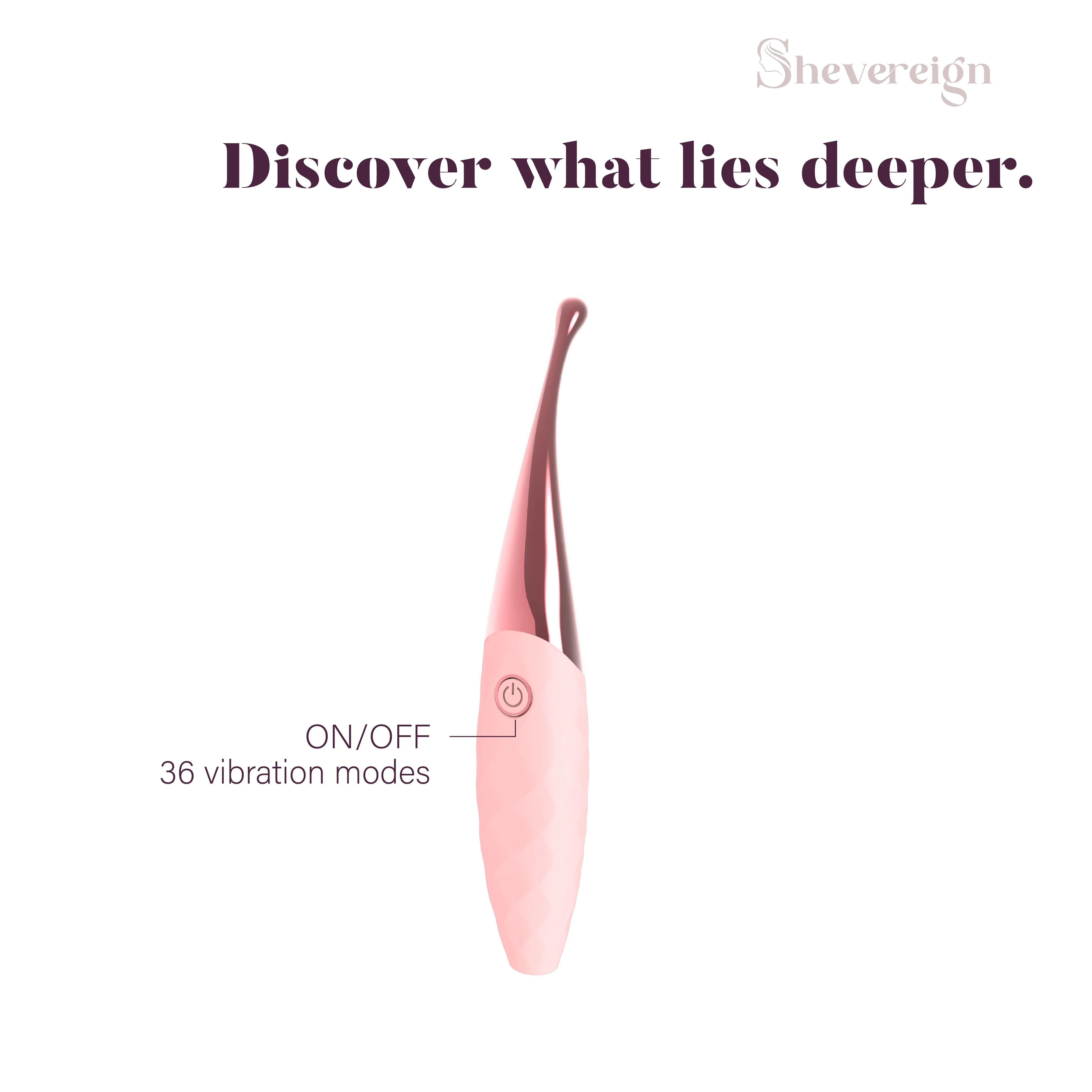 SHEVEREIGN Deep Secrets vibrator showing single control button with 36 vibration modes for deep G spot stimulation