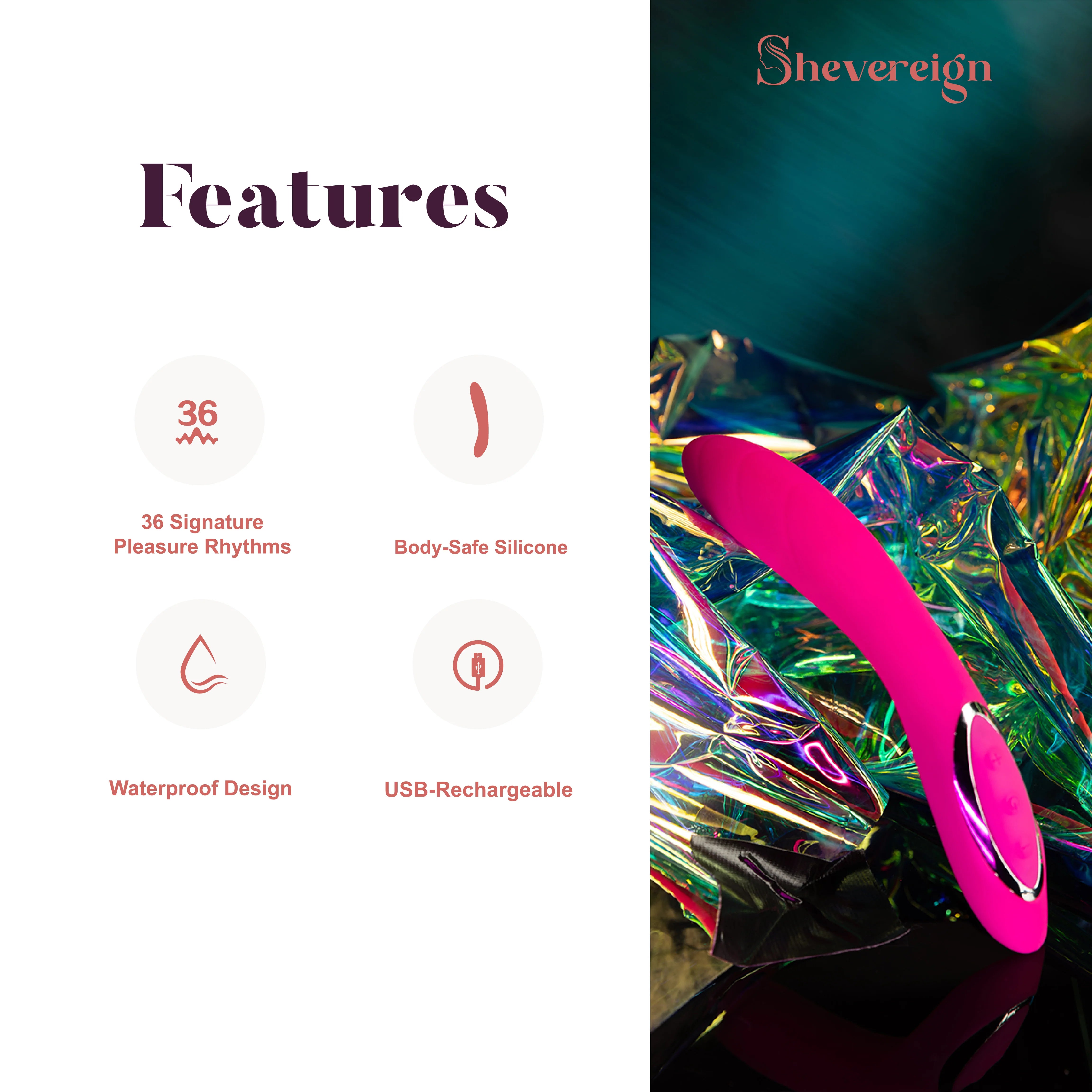 SHEVEREIGN Fuchsia Wave g spot vibrator features 36 pleasure rhythms waterproof structure and silky silicone for sensual exploration