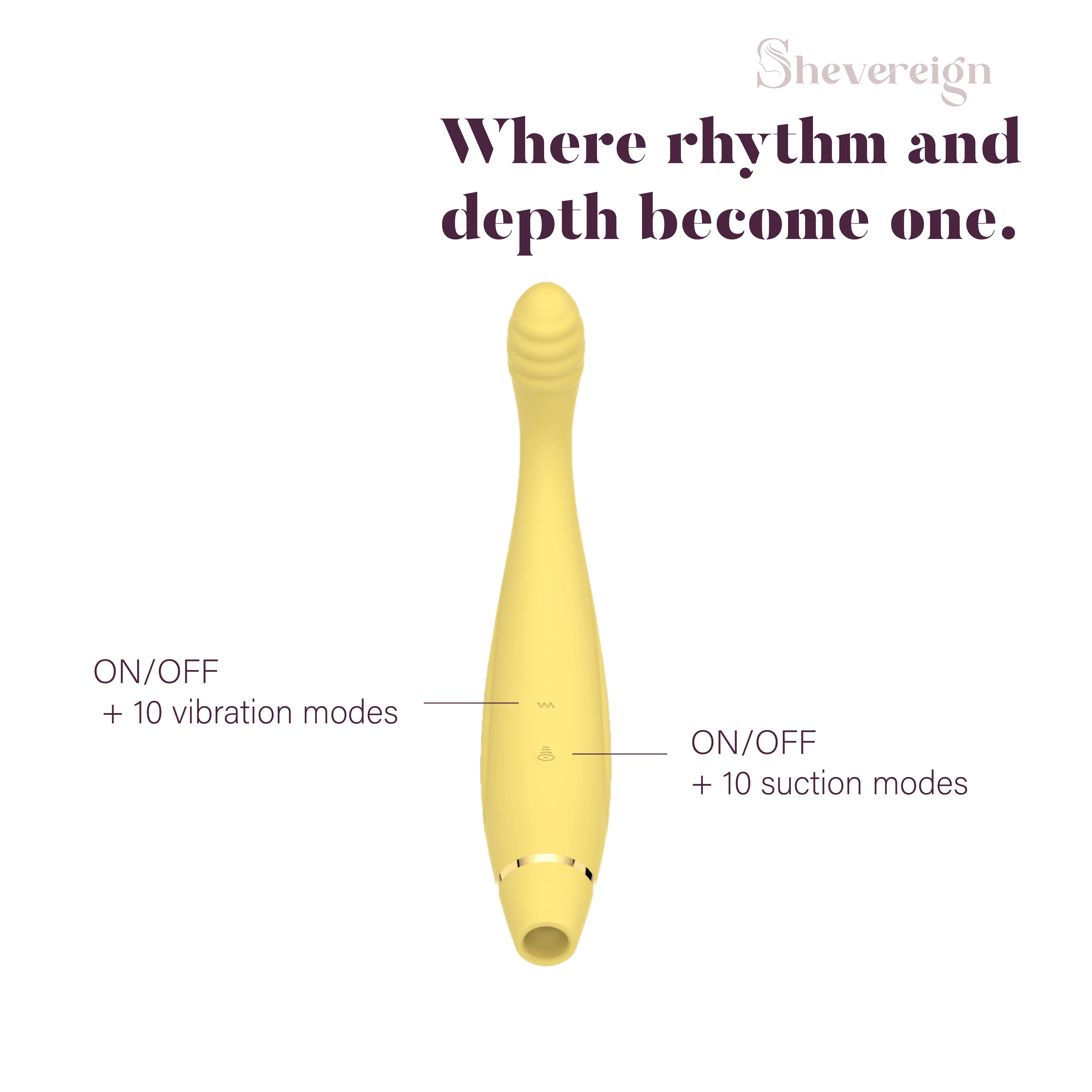 SHEVEREIGN Fusion Bliss G spot vibrator in golden yellow showing ON OFF buttons with 10 vibration modes and 10 suction modes for intuitive dual control