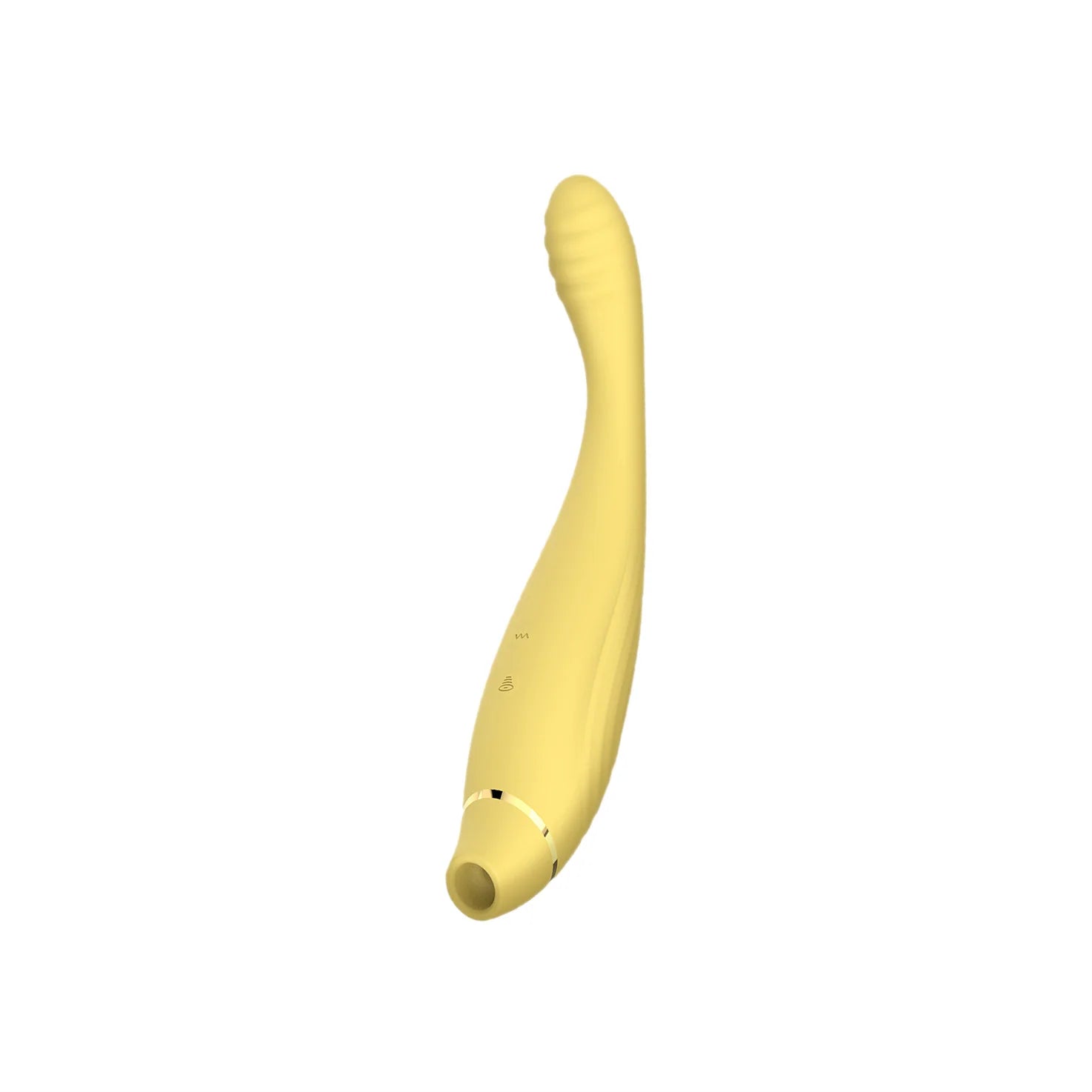 SHEVEREIGN Fusion Bliss G spot vibrator in golden yellow, featuring a sculpted curve for dual stimulation and smooth inner pleasure