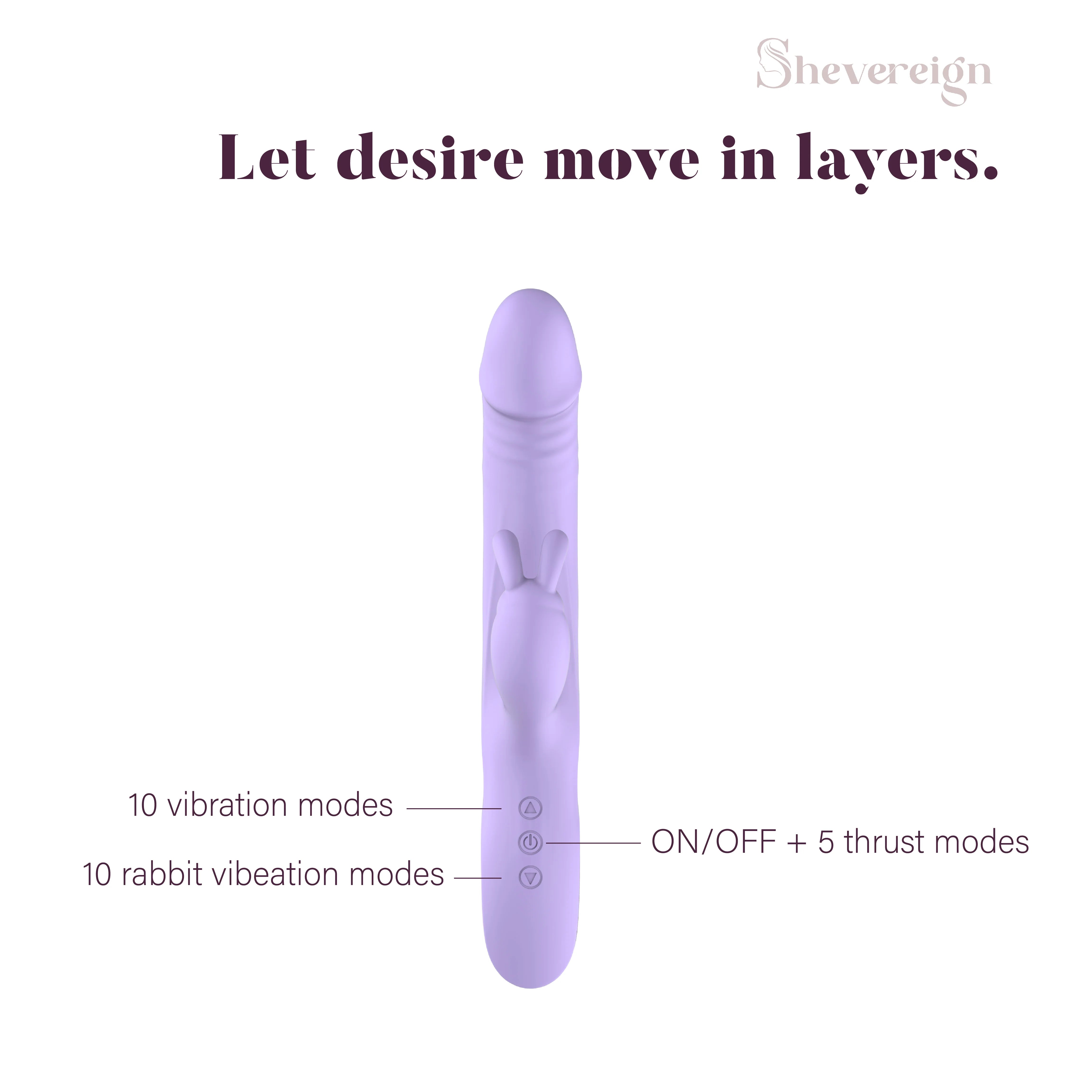 Lilac Reverie rabbit vibrator by SHEVEREIGN showing button guide with ON OFF control 10 vibration modes and 5 thrust settings