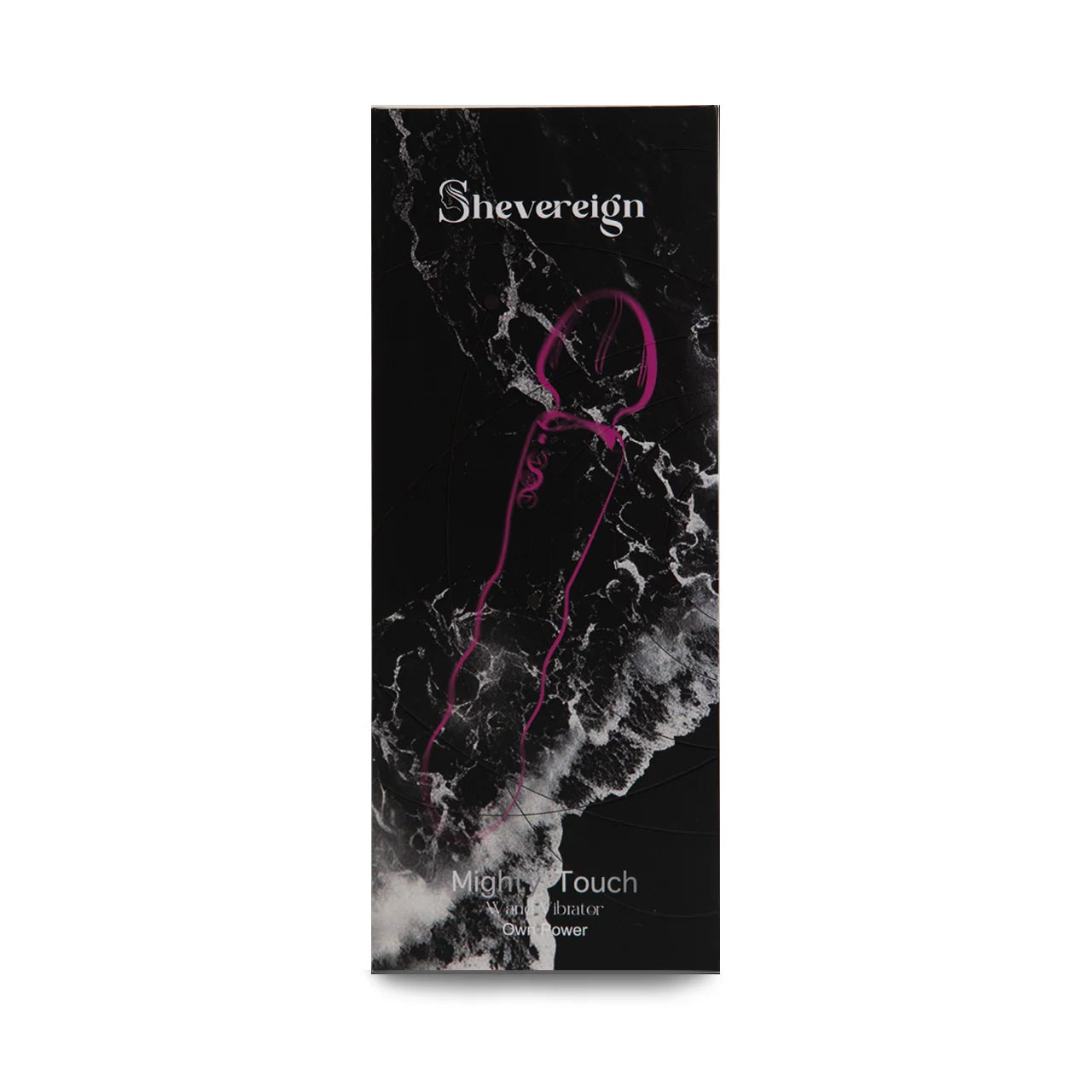 SHEVEREIGN Mighty Touch wand vibrator packaging in black luxury box with fuchsia wand outline reflecting power confidence and sensual energy