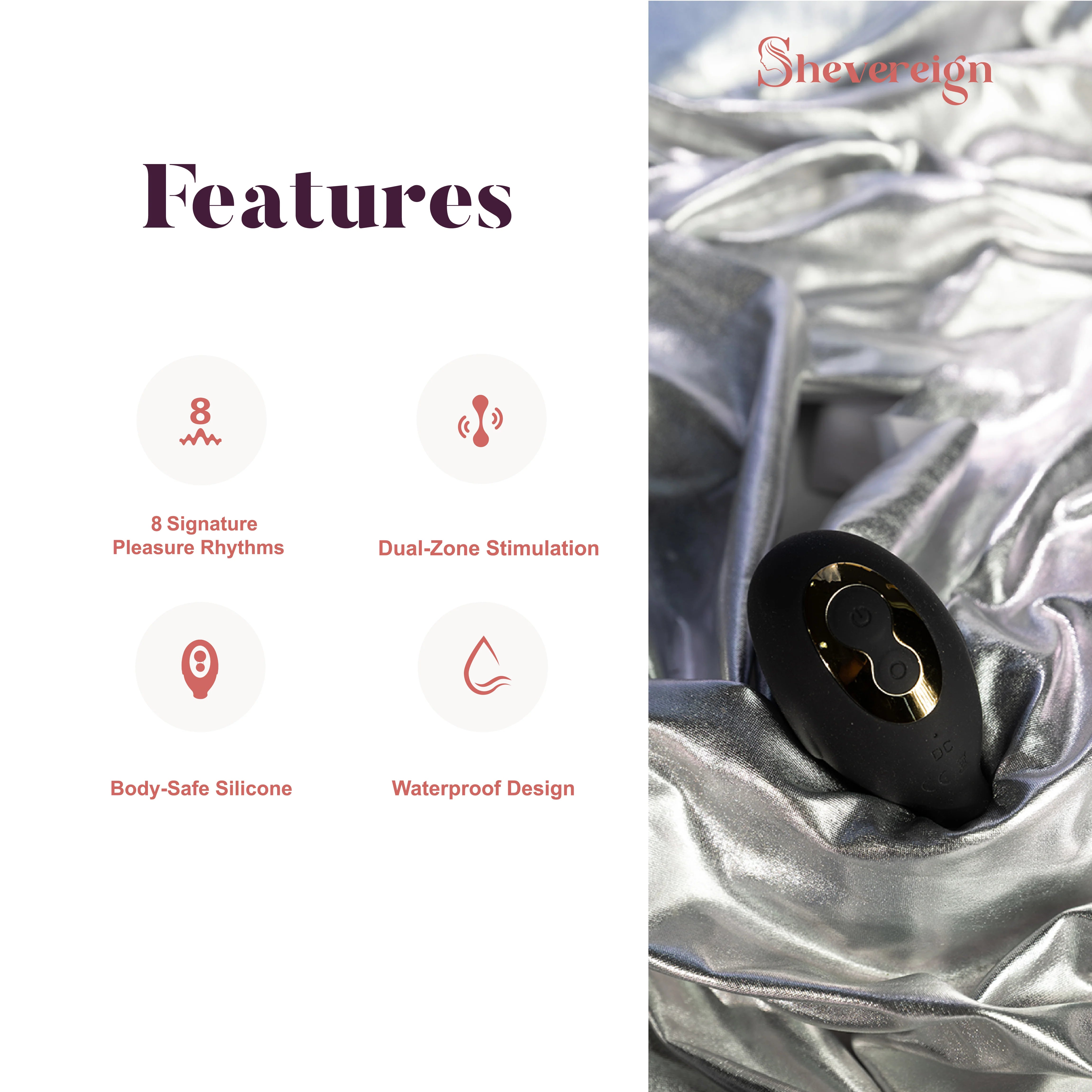 SHEVEREIGN Obsidian Tease clit vibrator features display showing 8 pleasure rhythms, dual-zone stimulation, waterproof design and body-safe silicone