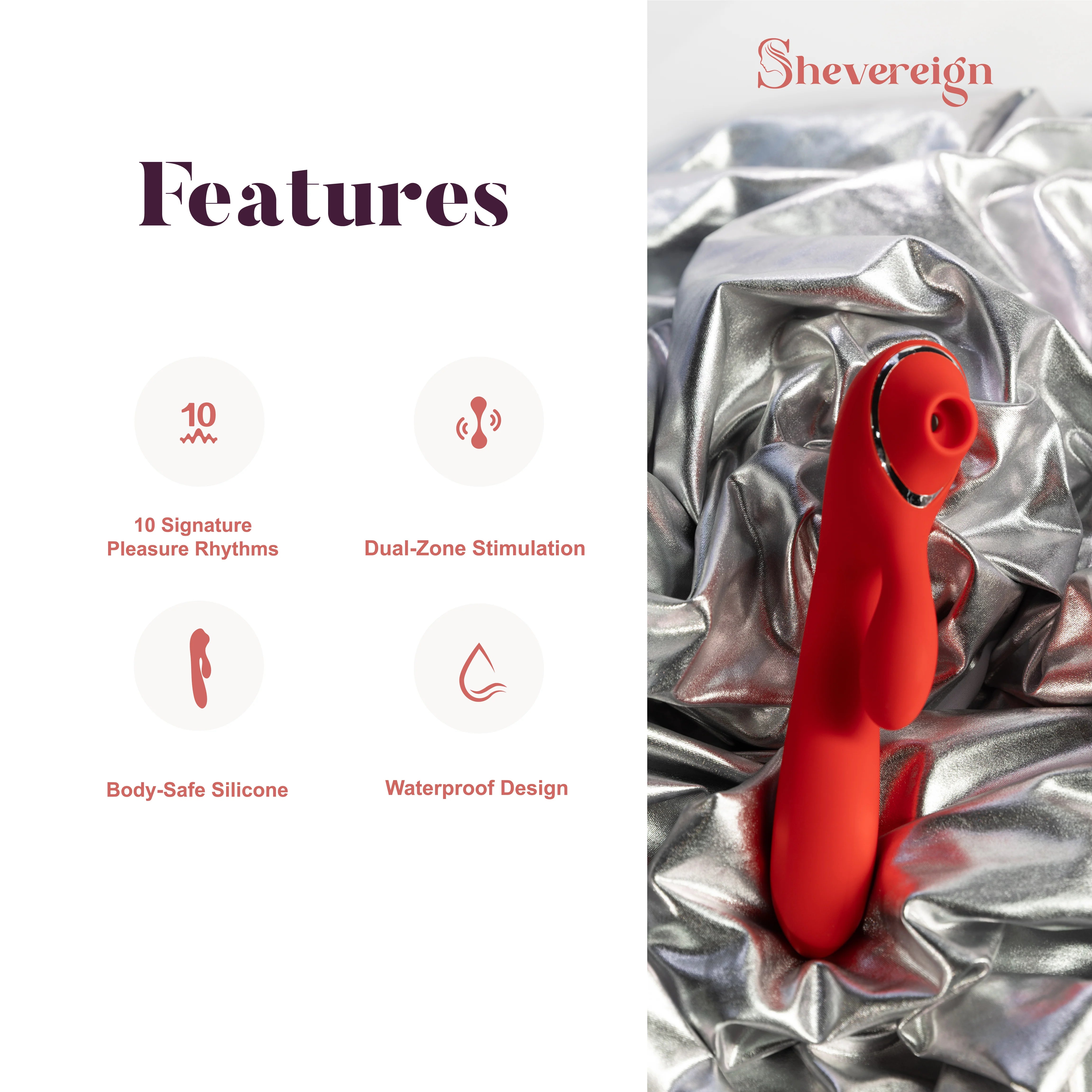 SHEVEREIGN Scarlet Kiss clit vibrator showcasing 10 pleasure rhythms, dual zone stimulation, waterproof body safe silicone and a refined red finish