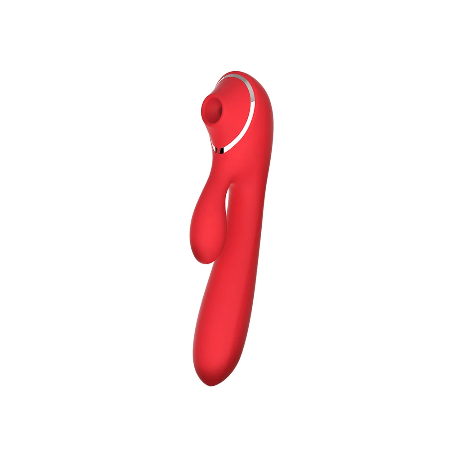 SHEVEREIGN Scarlet Kiss clit vibrator in vibrant red featuring dual-zone suction and vibration functions, designed for refined internal and external stimulation with elegant sculpted contours