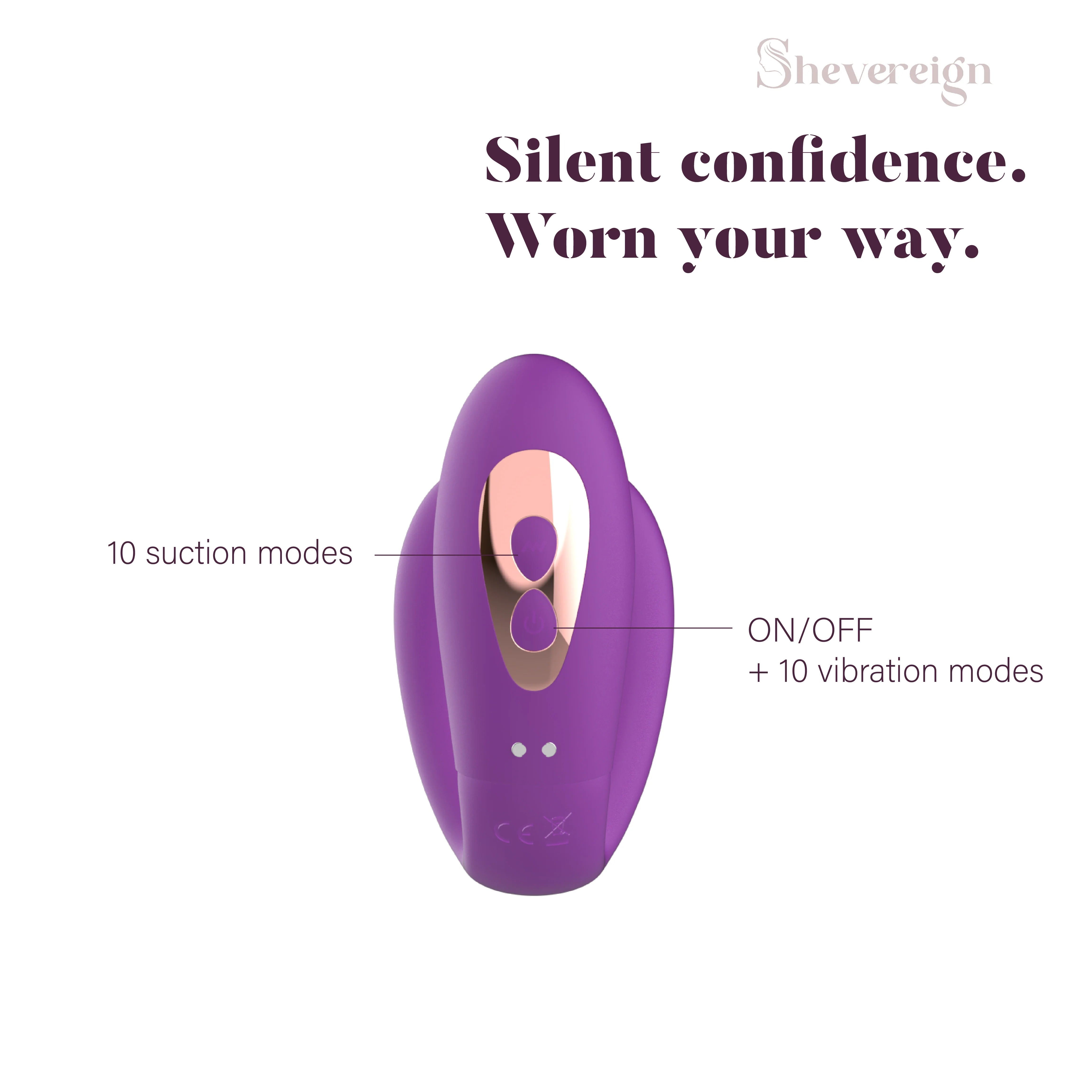 SHEVEREIGN Whisper Wear wearable vibrator button guide showing 10 suction modes and 10 vibration modes with intuitive ON OFF control in a discreet purple design