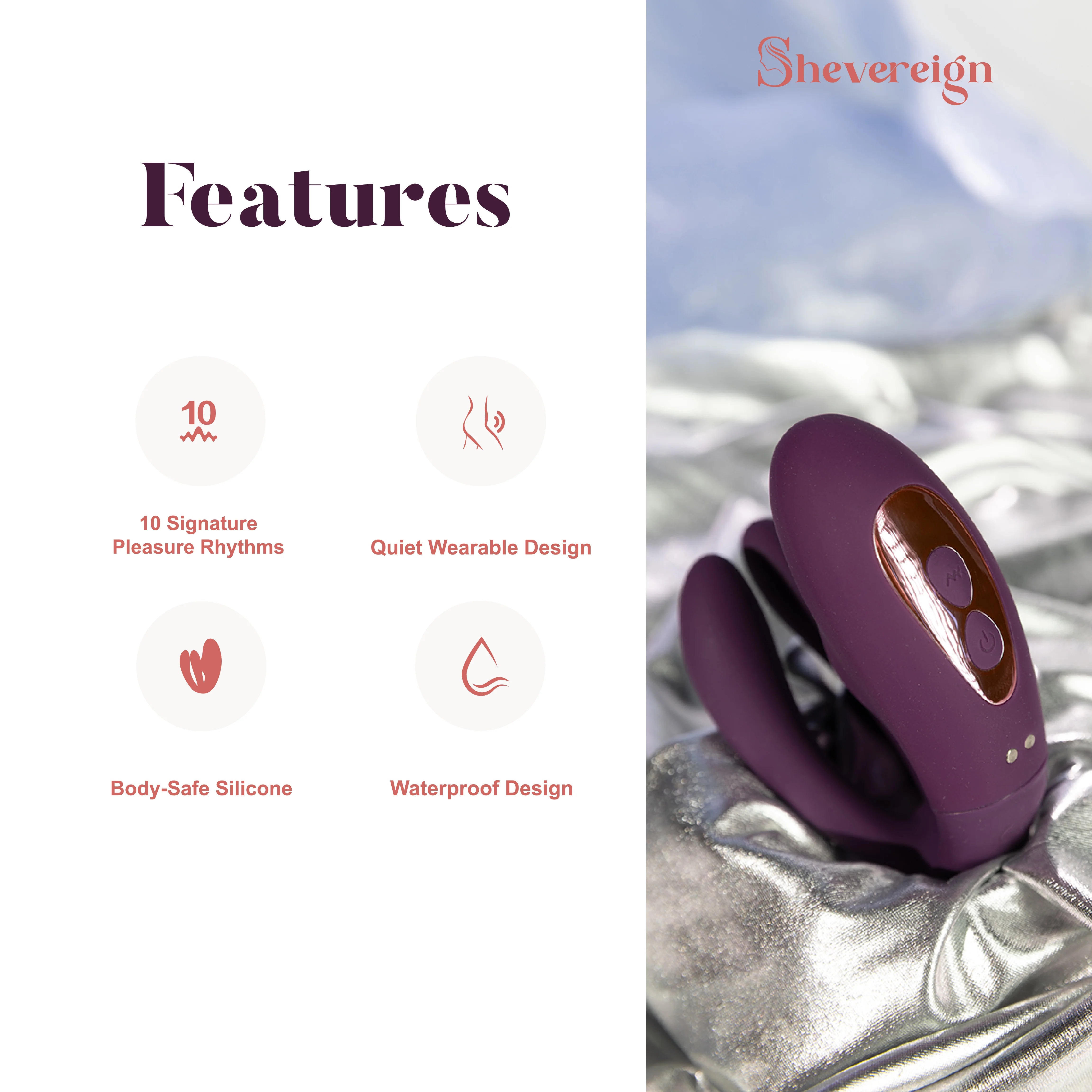 SHEVEREIGN Whisper Wear wearable vibrator features image showing 10 pleasure rhythms quiet wearable design waterproof silicone and a refined purple finish